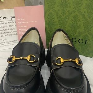 Gucci Black Leather Loafers with Gold Hardware